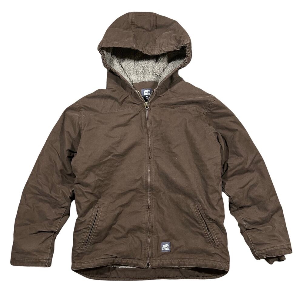 Berne Canvas Jacket Youth XL Sherpa Lined Brown Hooded Workwear Full Zip